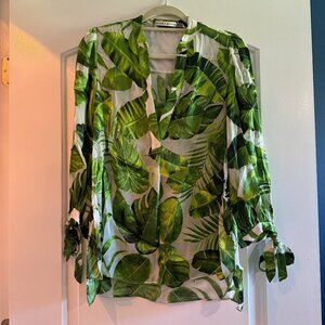 Alice + Olivia Green Leaf Print Kimono Blouse with Tie Sleeves